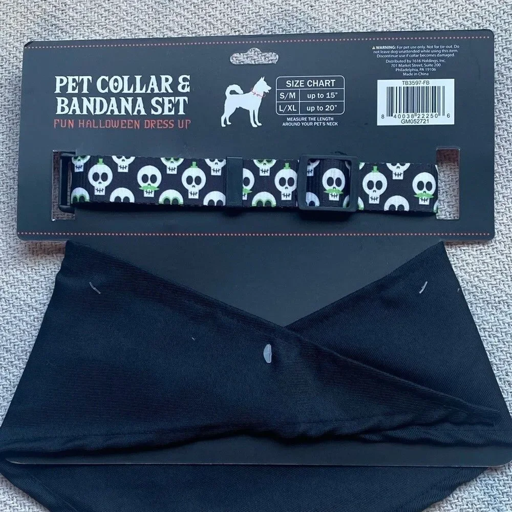 Creep it Real Dog Matching Collar Bandana Set NWT L/XL Black Skull Gift